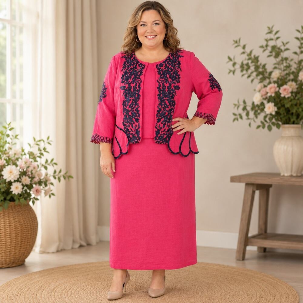 Lisa Rene Size 22 Linen Cotton 3-Piece Skirt Suit Pink Blue Embroidered Lined